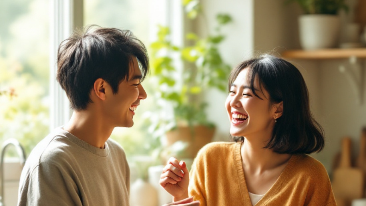 笑い合う夫婦、カップル。笑顔の夫婦。夫婦関係改善